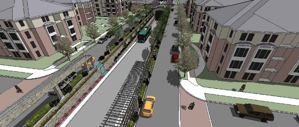 Urban landscape rendering featuring a tree-lined street with multiple residential buildings, a bus stop, and vehicles. Illustrates proposed community development.