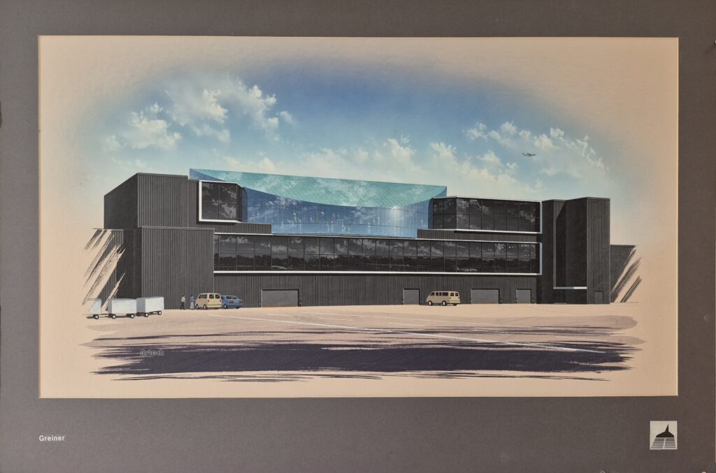 Modern architectural rendering of a commercial building, featuring large glass facades and a distinctive aqua-tinted roof. Delivery vehicles are parked in the foreground.