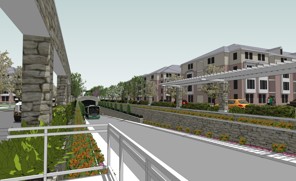 A modern residential area featuring apartment buildings, landscaped gardens, and a bus stop under an archway, illustrating urban development.