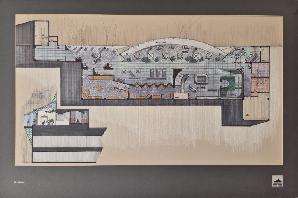 Architectural floor plan showcasing a multifunctional space featuring an observation area, lounge, gift shop, and exhibition areas.