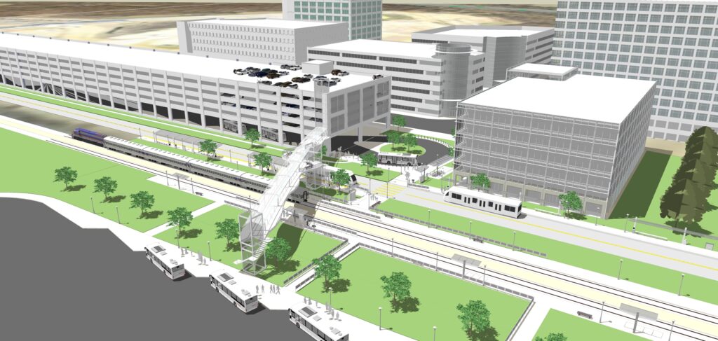 Urban development rendering depicting multi-level buildings, parking structure, tram line, and pedestrian paths, illustrating a transportation hub design.