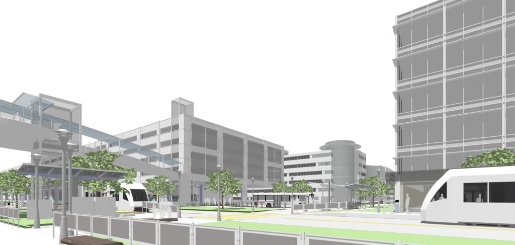 Modern urban design featuring a transit hub with buildings, greenery, and public transportation options, emphasizing sustainable infrastructure.