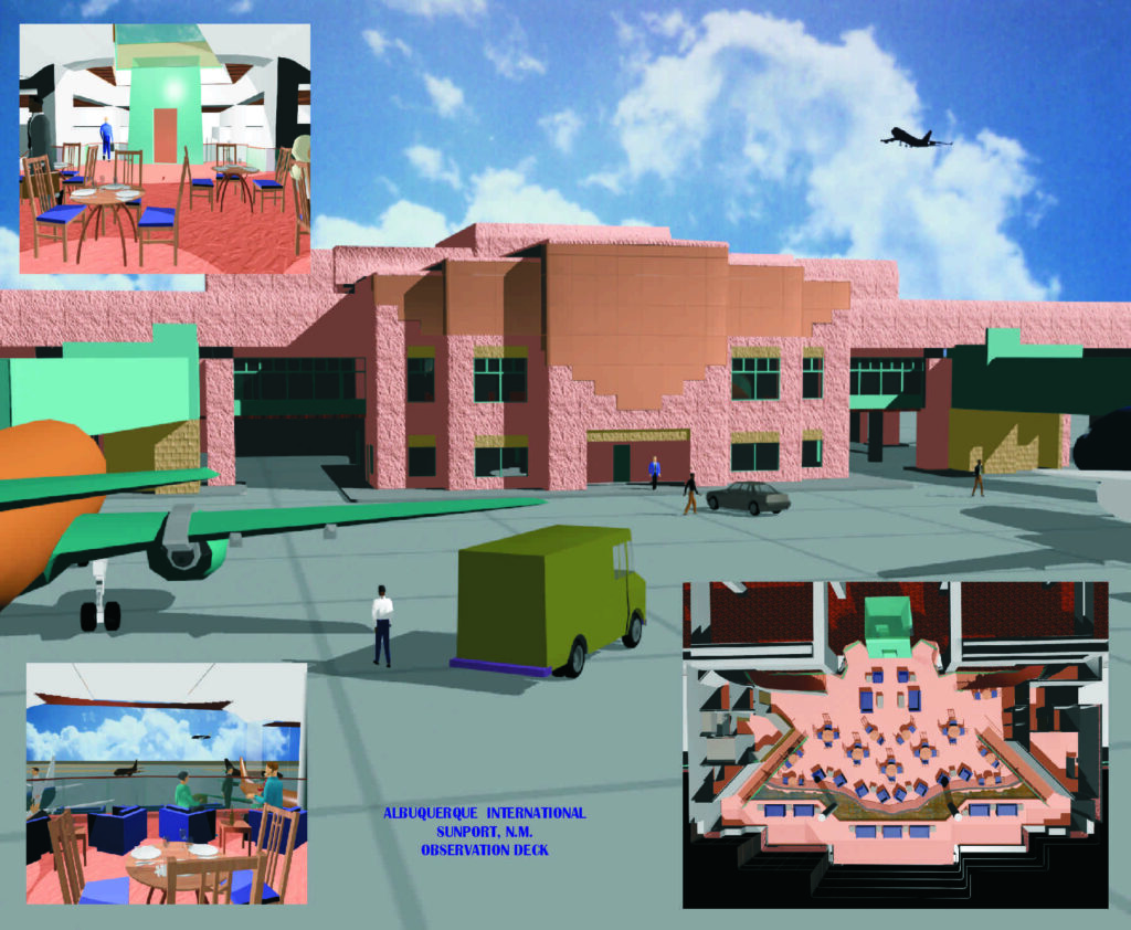 Albuquerque International Sunport, NM, features a vibrant observation deck design. The illustration shows the terminal's exterior, surrounding aircraft, and deck layout.