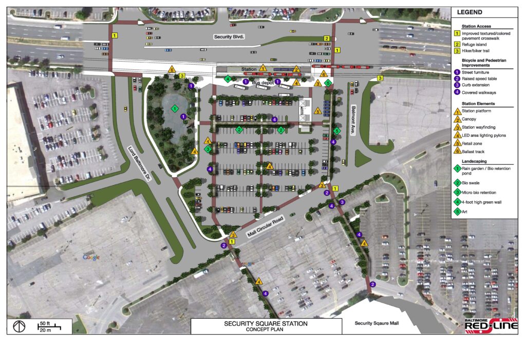 Concept plan for Security Square Station, illustrating station layout, parking areas, landscaping, and pedestrian access improvements for transport accessibility.