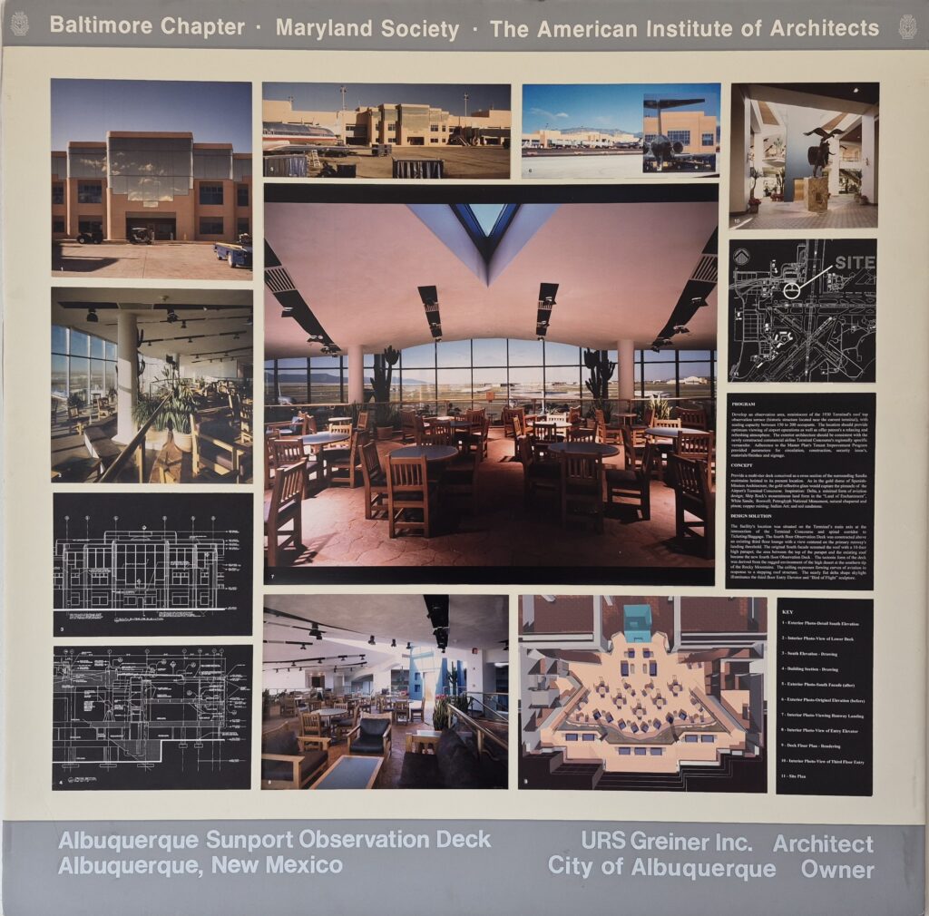 Albuquerque Sunport Observation Deck design presentation, showcasing interior photos, architectural plans, and key project details.