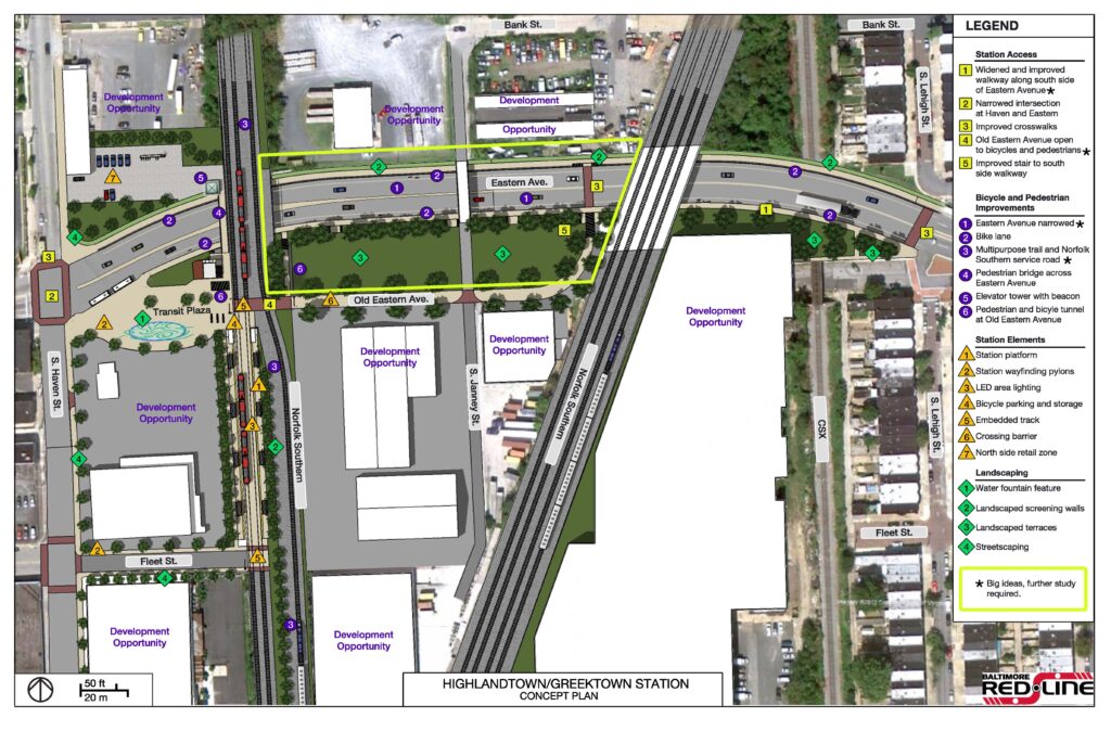 Concept plan for Highlandtown/Greektown Station, showing transit layout, development opportunities, and pedestrian improvements in surrounding areas.