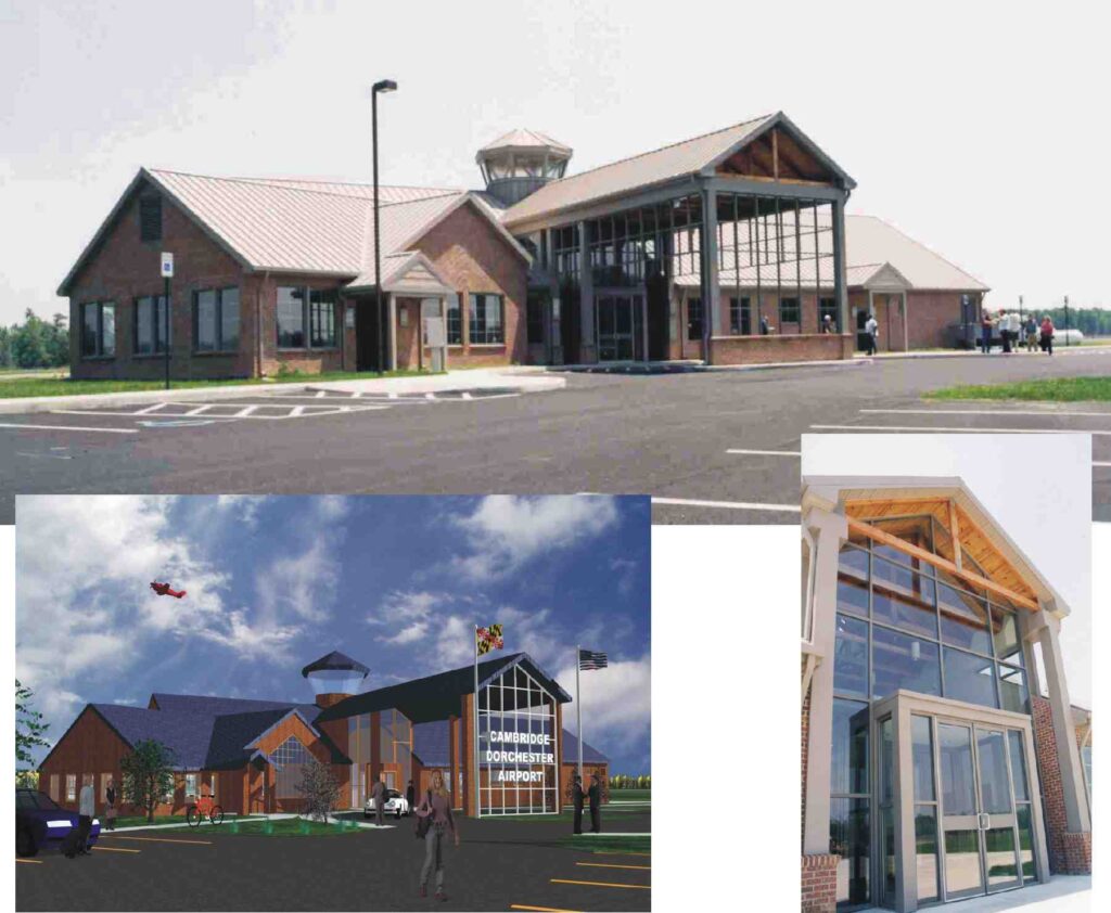 Cambridge Dorchester Airport features a modern, brick terminal with a prominent glass entrance and a control tower, showcasing its design and utility.
