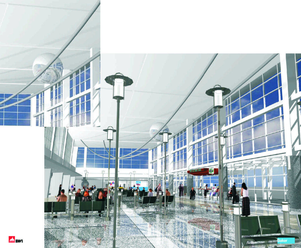 Bright, modern airport interior with large windows, sleek seating areas, and travelers. Designed to highlight spaciousness and natural light.