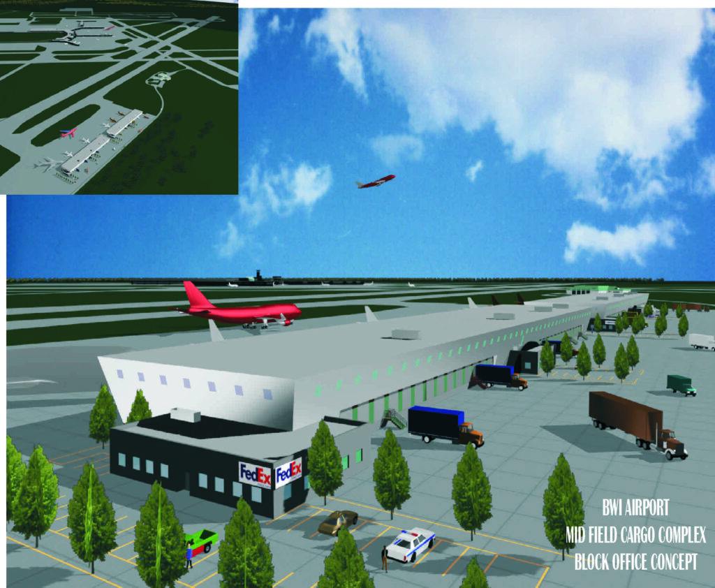 Render of BWI Airport's Mid Field Cargo Complex showing aircraft, cargo trucks, and a FedEx facility, highlighting the airport's logistics capabilities.