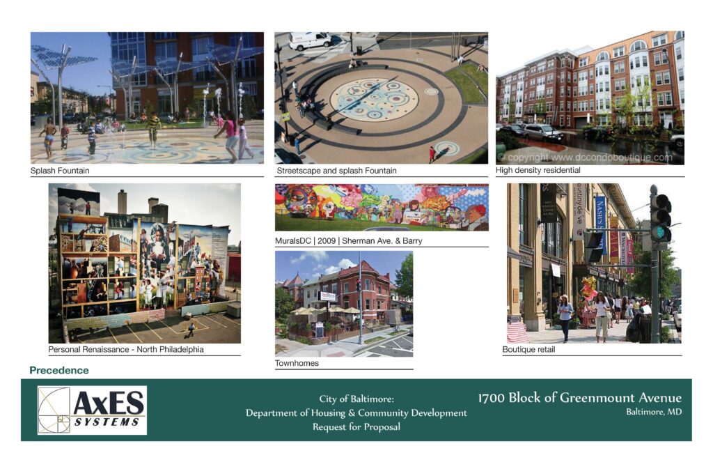 Visual overview of urban development concepts, including splash fountains, residential areas, murals, and retail options, showcasing community vibrancy in Baltimore.