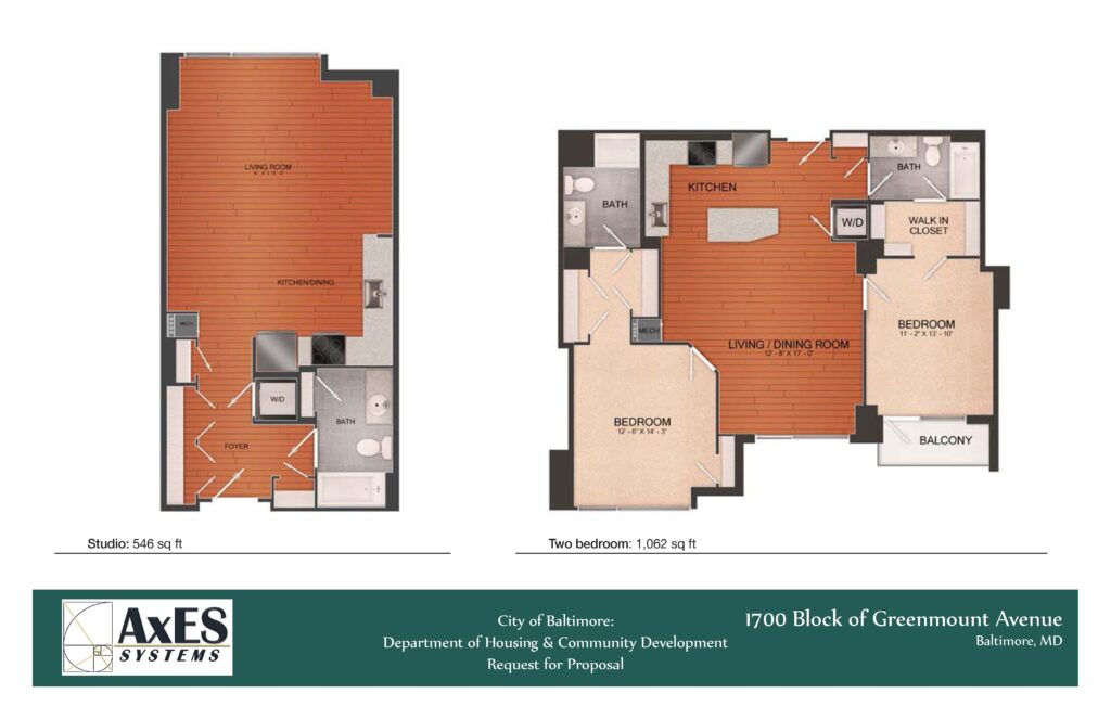 Floor plans for a studio (546 sq ft) and two-bedroom apartment (1,062 sq ft) in Baltimore, showing room layouts and dimensions.