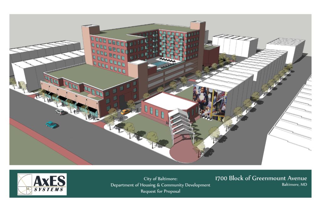 Architectural rendering of a proposed development at 1700 Greenmount Avenue, Baltimore. It features residential units, commercial space, and landscaping.