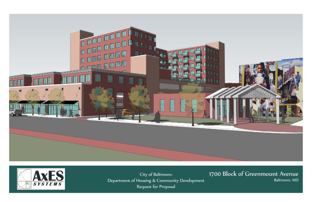 Proposed redevelopment design for the 1700 block of Greenmount Avenue, featuring mixed-use buildings, outdoor spaces, and public art elements.