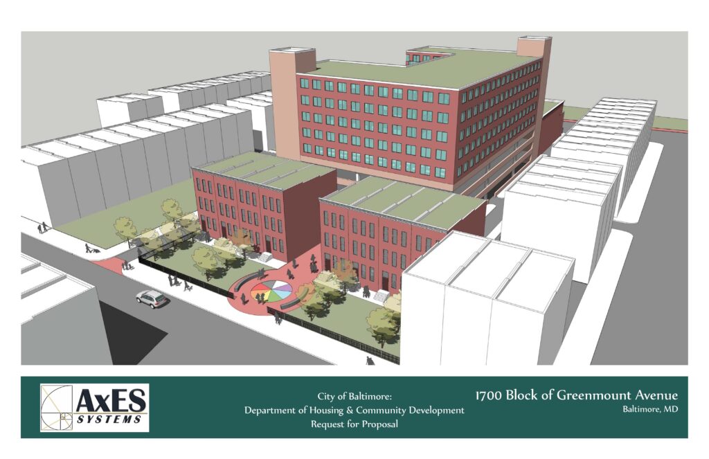 Architectural rendering of the 1700 block of Greenmount Avenue in Baltimore, showing proposed buildings and community spaces.