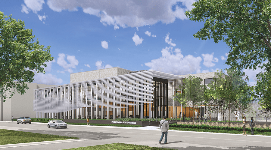 Modern Pennsylvania State Archives building design, featuring a sleek façade and landscaped surroundings, emphasizes accessibility and community engagement.