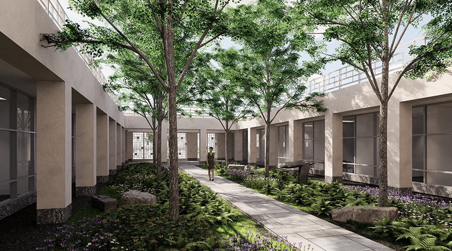 A serene courtyard featuring lush greenery, stone pathways, and a figure walking among trees and flowering plants, highlighting a peaceful outdoor space.