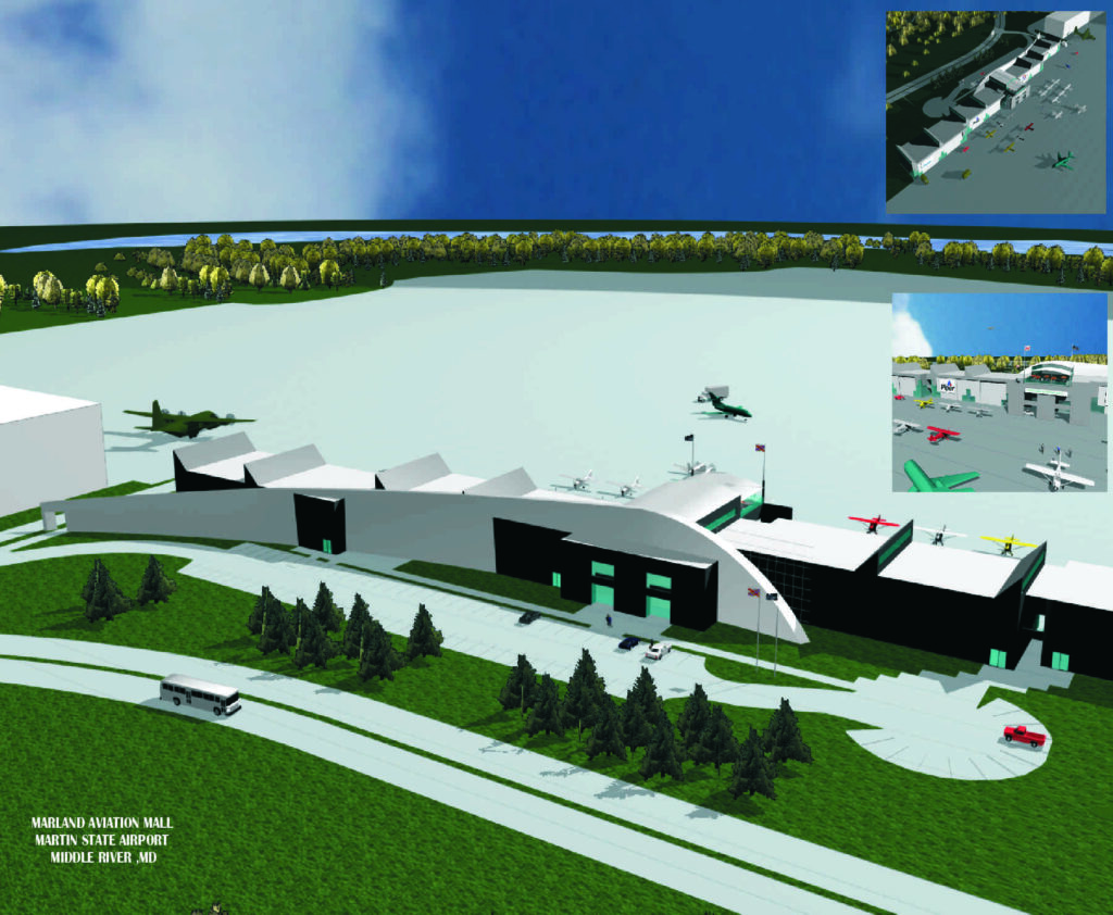 Aerial view of the Maryland Aviation Mall at Martin State Airport, featuring hangars, various aircraft, and surrounding greenery.