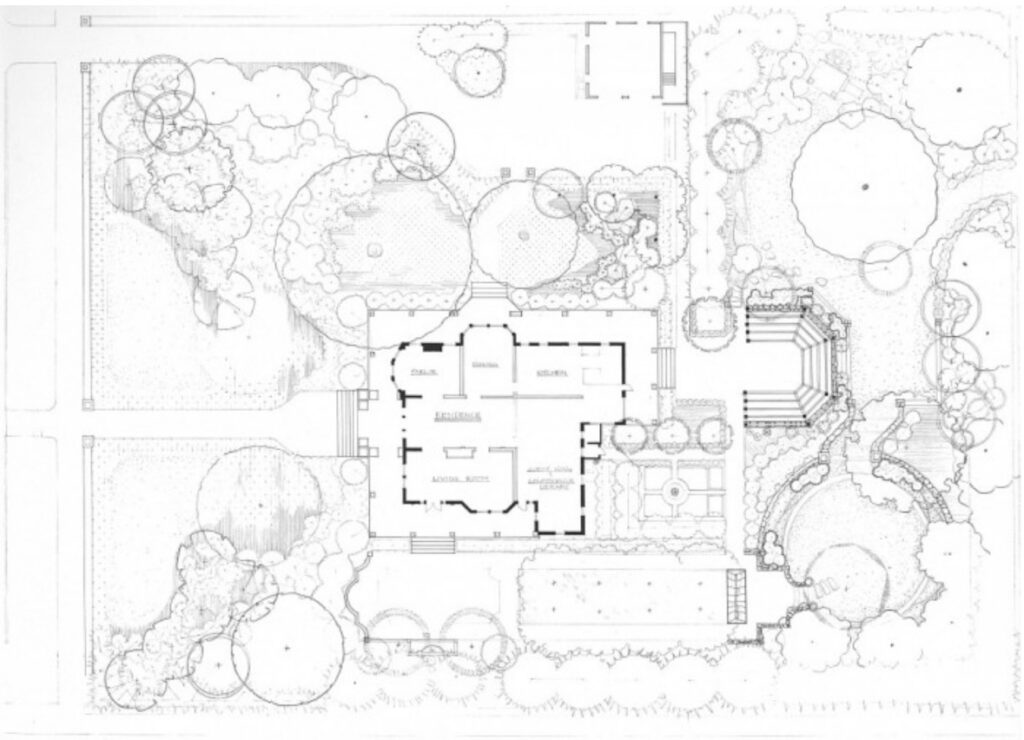 Landscape design plan featuring a central home layout surrounded by gardens, pathways, and various trees, emphasizing outdoor connectivity.