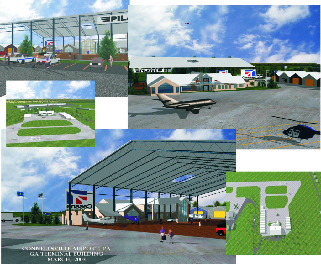 Conceptual rendering of Connellsville Airport's General Aviation Terminal, showcasing aircraft, facilities, and layout from March 2003.