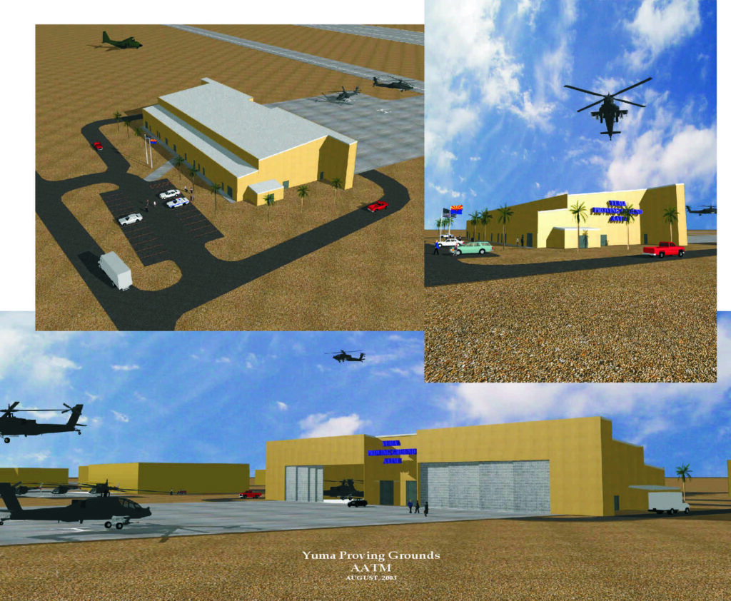 Architectural rendering of the Yuma Proving Grounds, featuring multiple buildings, parked vehicles, and helicopters in flight, showcasing the facility's design and purpose.
