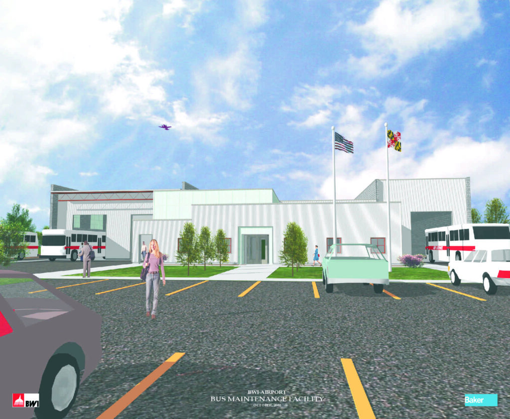 Architectural rendering of the new bus maintenance facility at BWI Airport, featuring modern design, parked vehicles, and flags.