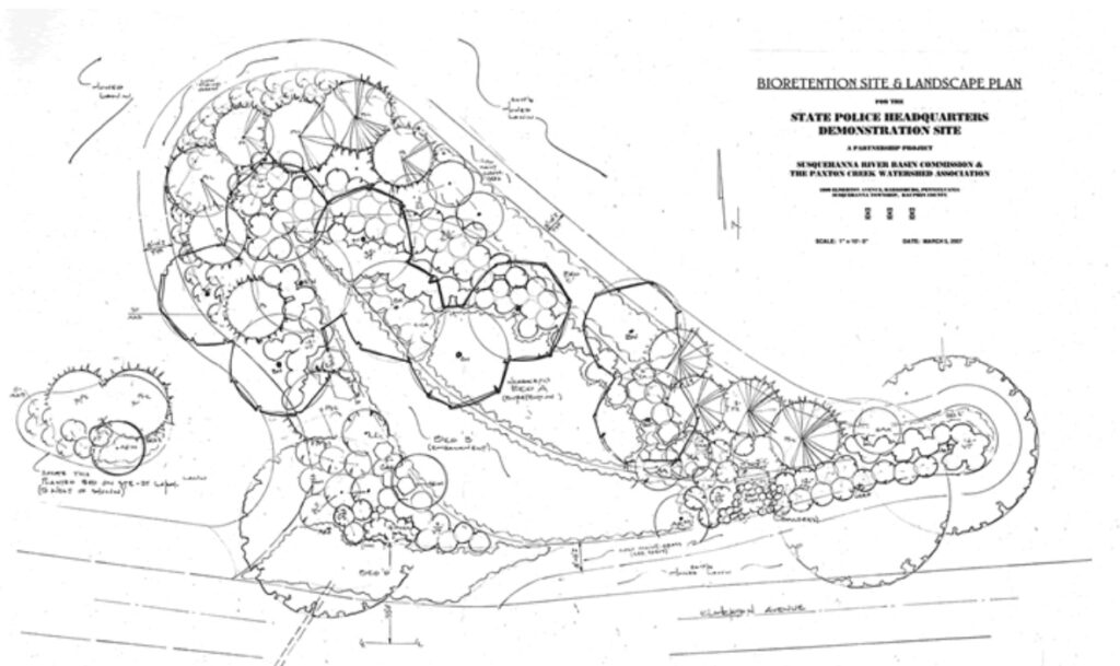 Bioretention site and landscape plan for the State Police headquarters, detailing proposed vegetation and layout for eco-friendly water management.